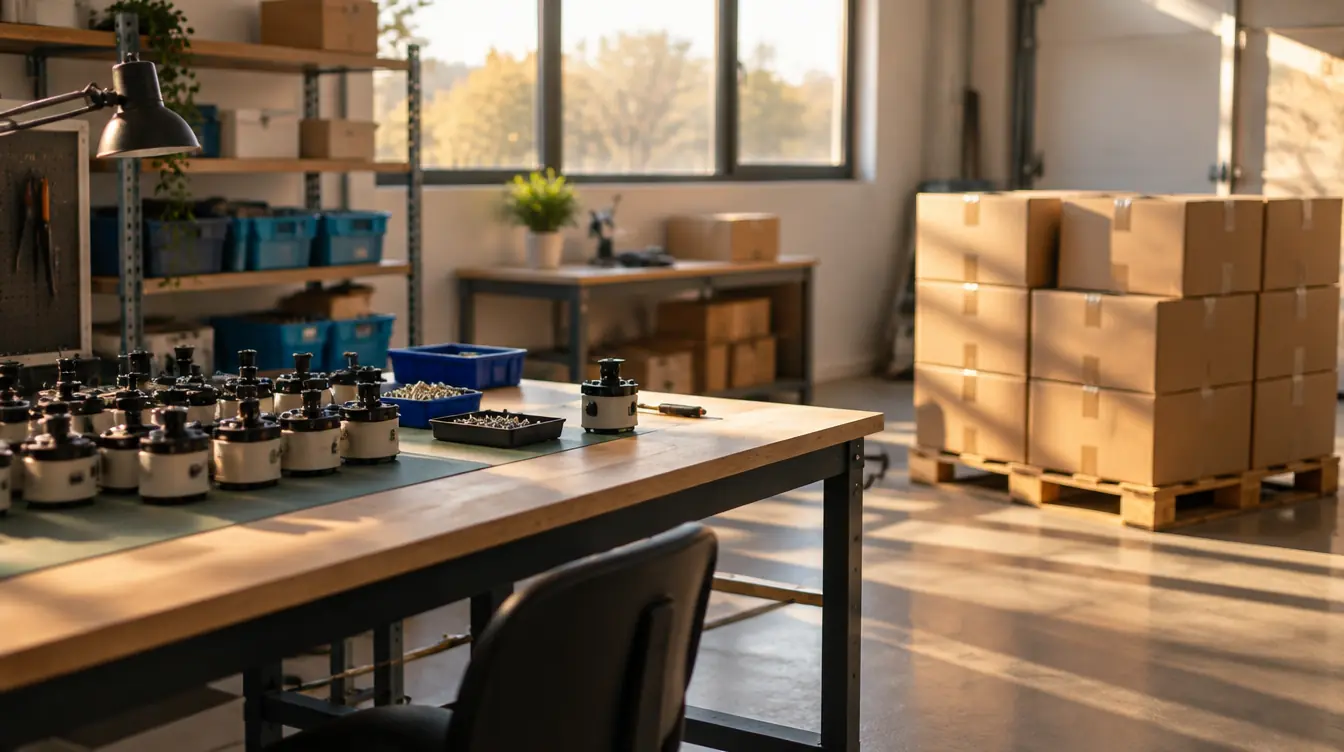 Productos armándose en un banco de trabajo junto a cajas listas para despachar