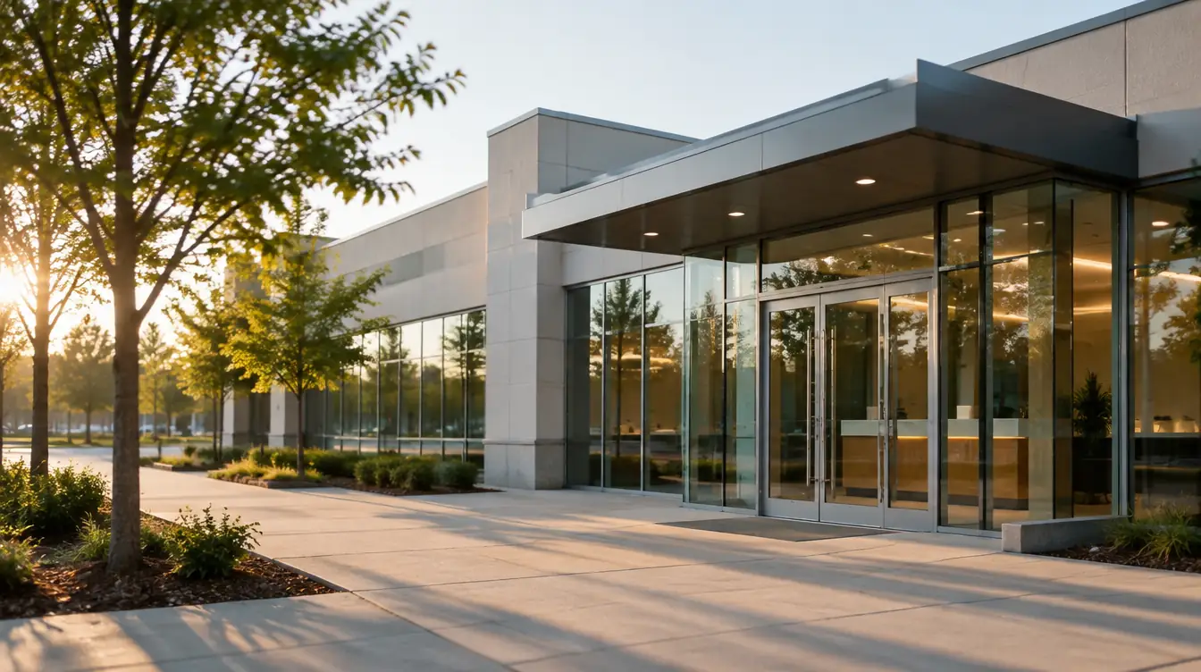 Modern bank branch with a glass facade in the morning