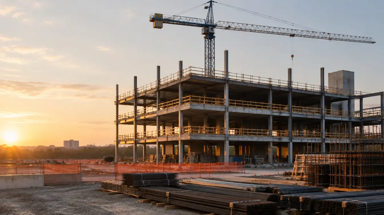Edificio comercial en construcción con estructura de acero y una grúa torre