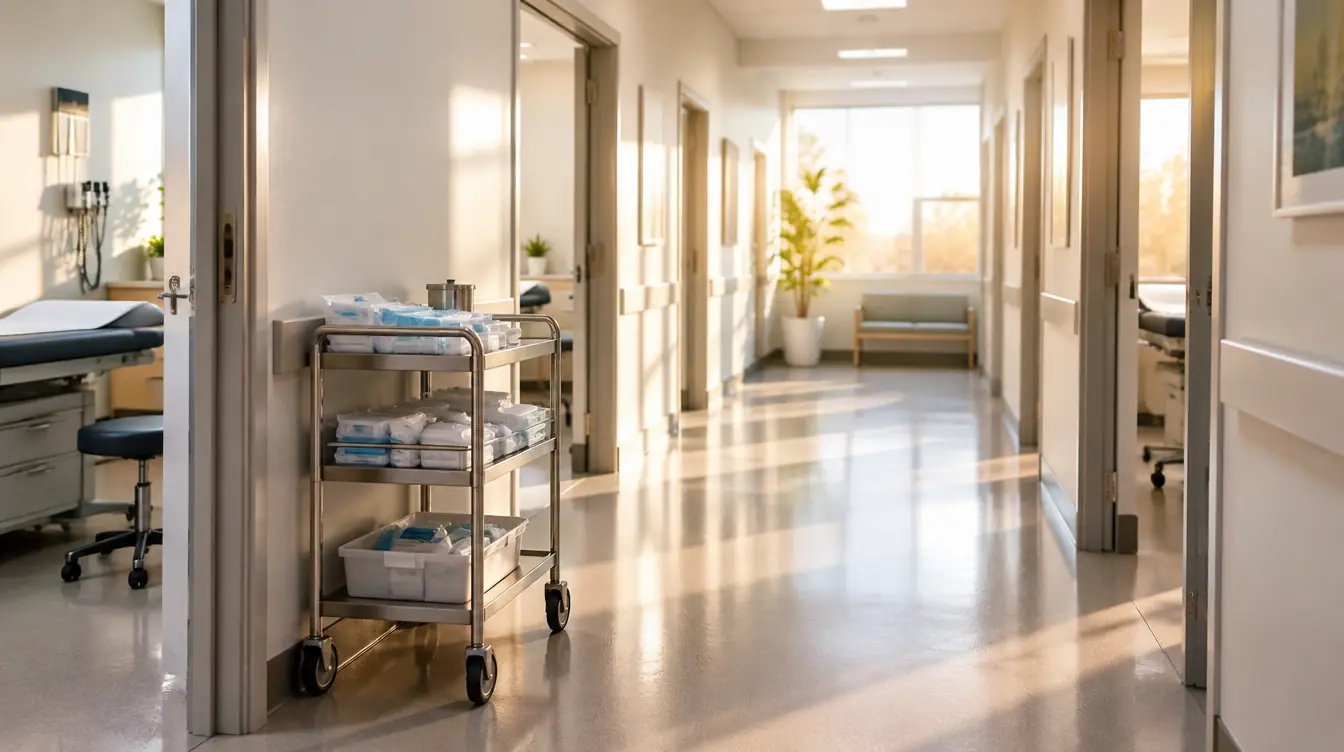 Pasillo de una clínica con consultorios y un carro de insumos médicos